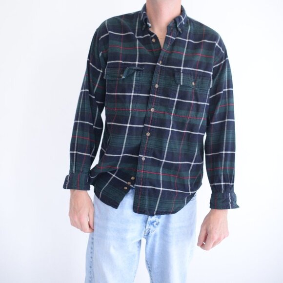 Vintage Eddie Bauer Green Navy Tartan Pattern Bainbridge Flannel Button Up Shirt - Picture 1 of 11